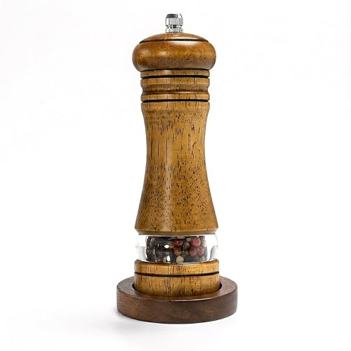 M JINGMEI Wood Salt and Pepper Grinder, Salt Grinder and Pepper Mill, Oak Wood Shakers with Adjustable Ceramic Grinders (6″ - 1 Pack with Tray)