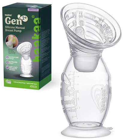 haakaa Gen.2 Plus Upgraded Manual Breast Pump, 5oz/150ml Multi-Ring ComfortCARE Sensitive Silicone Breast Pump with Spill-Guard Insert Set, Patent-Pending Design for Breastfeeding Moms