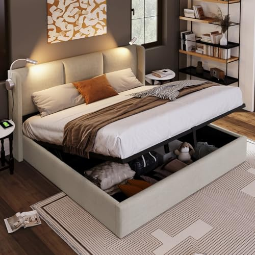 MINGZHE Letto imbottito 160 x 200 cm, letto matrimoniale con vano portaoggetti, letto per ragazzi, letto idraulico con luce da lettura, letto con cassetta, letto per adulti con rete a doghe, lino