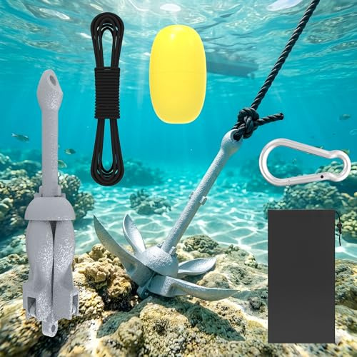 UISEBRT Anclaje plegable de hierro fundido galvanizado en caliente, 1,5 kg, con cuerda de anclaje de 10 m, mosquetón, boya y bolsa de transporte impermeable para botes hinchables, kayak, SUP, canoa