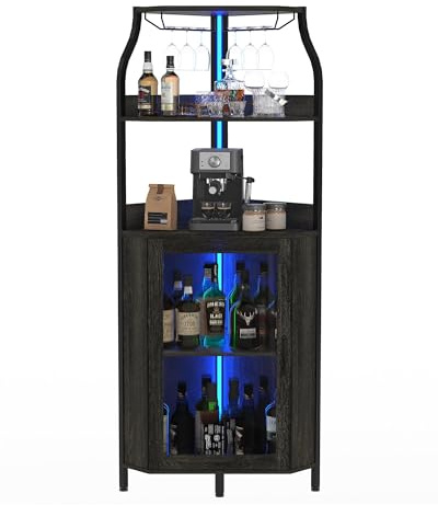 Armario de Vino Esquinero con Luces LED, Mueble Bar Industrial de 5 Niveles, Toma de carga lateral, Puerta de vidrio, estantes ajustables y soporte para copas, ideal para salón o comedor, Negro