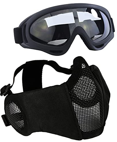AOUTACC Airsoft Protective Gear Set, Half Face Mesh Mask with Ear Protection and Tactical Goggles for Adult Men Women BBS Paintball Shooting CS Survival Games Cosplay (Black)