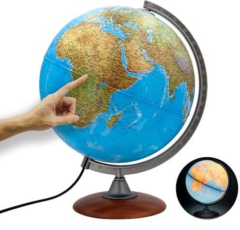 ORBIT GLOBES & MAPS Globo Luminoso, mappamondo, cartografia a Doppia Effetto, Fisica e Politica, Italiano, con Base in Legno, Lampadina a LED