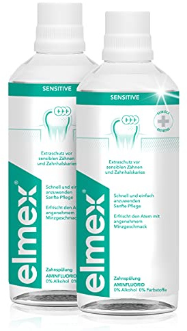elmex Lot de 2 bains de bouche Sensitive - 400 ml - Pour une protection supplémentaire contre les dents sensibles à la douleur et le cou - Pour un nettoyage quotidien des dents sans alcool au goût de