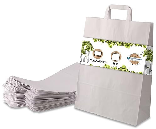GREENBOX weiße Papiertüten mit Griff I umweltschonende Papiertüte aus Kraftpapier I Geschenktüte biologisch abbaubar, Tüten kompostierbar I 25 x weiße Papiertragetaschen mit Henkel 32x12x40 cm, weiß