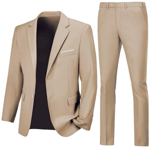 Men Suits Slim Fit 2 Button Men's Suits Solid Champagne Business Suit Blazer Pants for Men Groomsmen Wedding Mens Tuxedo for Prom L
