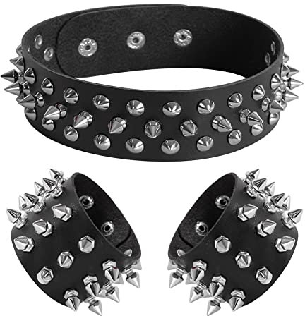 Manfnee Leder Choker Armbnd Punk Halsband Halskette Spike Nieten Manschette Gothic Armband für Damen Herren