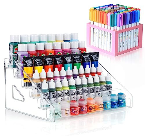 ARFETIGO 6-Schicht Acrylfarbe Organizer&Paint Pinsel Halter Snap-on Design Einfache Montage Farbe Speicher Rack für Acryl Handwerk Hobby Miniatur Modell Licht Farbe Dose Lagerung (Rosa)