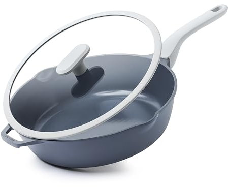 PRICUSIS 25,4 cm große Keramik-Antihaft-Pfanne mit Deckel, ungiftig, PFAS-frei, Jumbo-Herdpfanne mit doppeltem Ausgießer, kühlbleibender Griff, Metall-Utensiliensicher, spülmaschinenfest, 30,5 cm,