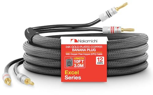 Nakamichi 24K vergoldeter Bananenstecker mit (10 Fuß) Lautsprecherkabel, 99,9% sauerstofffreies Kupfer (OFC), robustes geflochtenes Kabel, Heimkino-Verstärker - Schwarz (12AWG / 10 Fuß / 3,0 Meter)