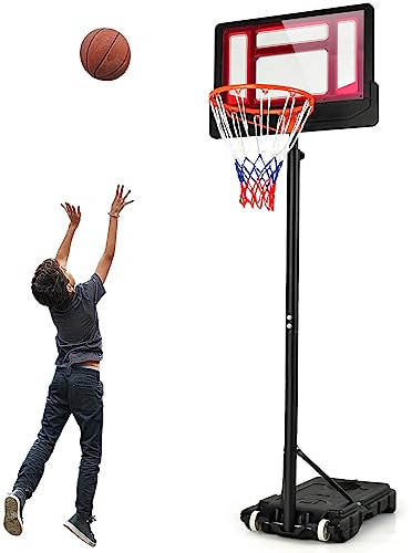 GYMAX Panier de Basket Extérieur pour Enfants, Hauteur Réglable de 90 à 210 CM, Base Stable Remplissable d’Eau ou de Sable, Mobile avec roulettes, Panneau Résistant, Poteau en Métal (Rouge)