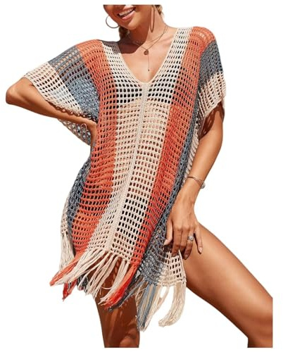 Robe de Plage Femme Cache Maillot de Bain Décontractés Colorés Couvrant Franges Tricotés Élégante Sexy Bikini Cover Up d'été Col V Grande Taille Ample Crochet Mode Bohème Cover Up Femmes Abricot1