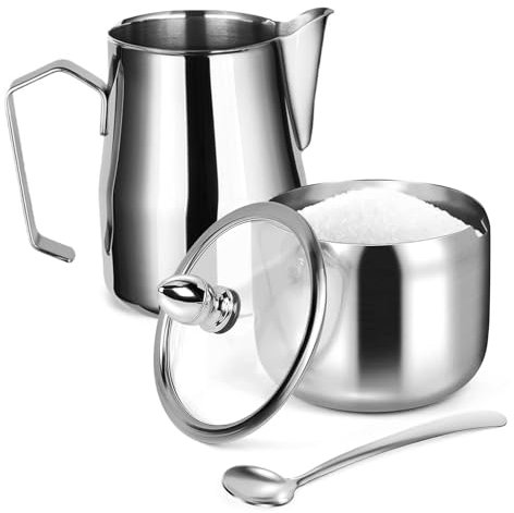 Aipeeo Pichet Lait inox,2 pcs Pot à Lait et pot à Sucrier Set,Sucrier avec Couvercle en Verre,Milk pitcher carafes pour la création Barista Cappuccino Espresso