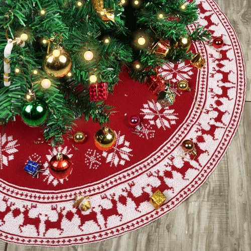 Minicoco Large Christmas Tree Skirt, 48 Inch Red Christmas Tree Skirts Thick Knitted Double-Sided Christmas Tree Decorations with Snowflakes and Reindeer Xmas Tree Skirt for Indoor Holiday Party