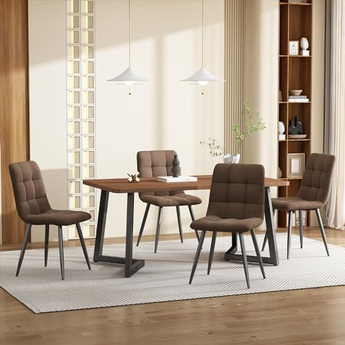 Matgrupp 5 delar: Modernt köksbord med 4 sammetsstolar, valnötsfärgad MDF-bordsskiva, svarta metallben, ergonomiska stolar för matsal och kök, stabil, bekväm.