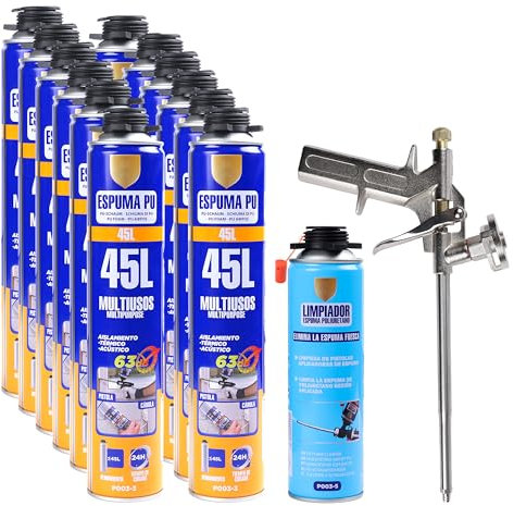 Set Completo de Espuma de Poliuretano - Incluye 12 Botes Espuma Poliuretano 750ml, 1 Pistola de Espuma Poliuretano y 1 Limpiador de Espuma 500ml