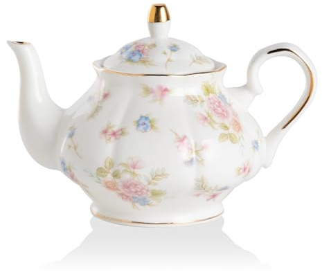 Sweejar Home Porcelain Teapot, Vintage Floral Gold Rim Design Ceramic Tea Pot, Flower Tea Loose Leaf Teapot, Coffee Pot, Women and Tea Lovers, 850ml, 3-4 Cups (Small Flower)