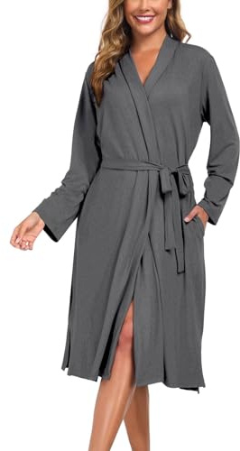 Beuwltpa Robe de chambre pour femme longue, peignoir léger, doux avec col en V et manches longues, kimono avec poches adapté pour sauna, spa, surf, voyages, vêtements de détente, gris, L