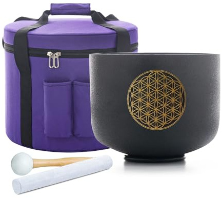 Hye-eun Bol chantant en cristal 528 Hz Note C 20 cm noir en quartz avec motif fleur de vie, bol de méditation, chakra, guérison sonore, avec sac de transport