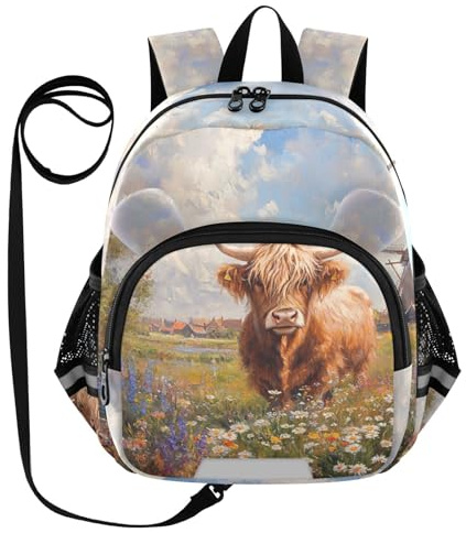 Highland Cattle Flowers Field Toddler Harness Backpack for Boys Girls 3-6 Years Kids Backpack with Anti Lost Safety Leash Baby Travel Bag for Walking Travel Preschool