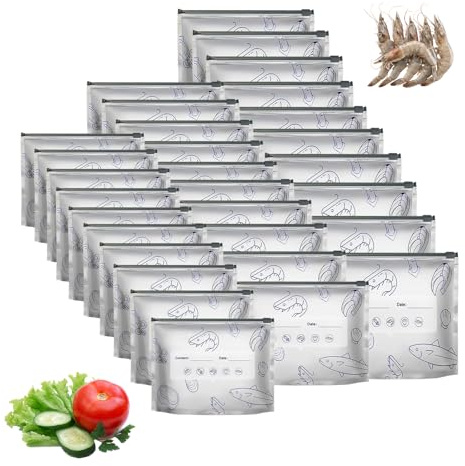 30 sacchetti per congelatore con cerniera, riutilizzabili, in foglio di alluminio, grandi sacchetti per alimenti, verdure, carne, snack