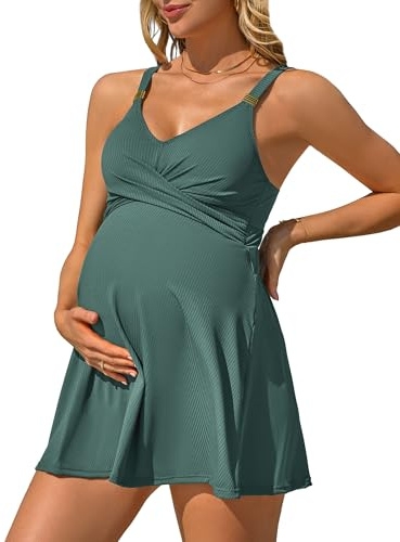 Charmo Supportive Maternity One Piece Swimsuit with Skirt Ribbed Ruched Pregnancy Swimdress Modest Bathing Suit Green XL