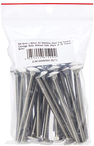 AHCM6 6mm x 80mm A2 Stainless Steel Cup Square Carriage Bolts Without Nuts (Pack of 25 Coach Bolts)