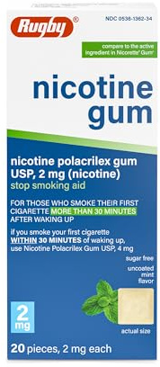 Rugby Polacrilex 2mg Nicotine Gum - Uncoated Mint Flavor, Quit Smoking and Vaping Aid, Sugar-Free, 20 Count (1-Pack)