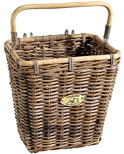 Nantucket Bike Basket Co. | Tuckernuck Pannier Bicycle Baskets | Handmade Rear Rack Wicker Bike Basket With Hooks | Durable Rattan Construction | 13 X 9.5 X 13 – Natural Gray Rattan Finish