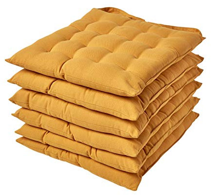 Homescapes 6er Set Stuhlkissen 40 x 40 cm, senfgelb, Sitzkissen mit Bändern und Knopfverschluss, einfarbige Auflagen für Stühle mit Bezug aus 100% Baumwolle und weicher Polyester-Füllung