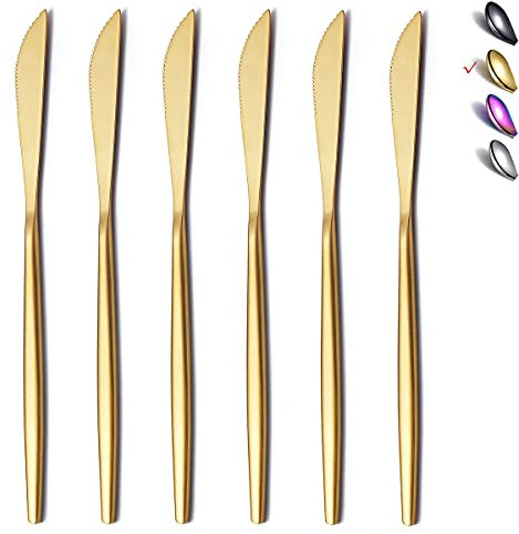 HOMQUEN Coltello da Tavola 6 Pezzi, Coltello da Tavola in Acciaio Inossidabile Oro Opaco, Coltello da Burro Robusto, Coltello da Burro dal Design Moderno (Oro Opaco-8,9 Pollici)