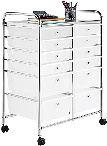 Yaheetech 12 Drawers Plastic Storage Cart, Multipurpose Mobile Organizer Unit with 4 Lockable Wheels, Utility Rolling Trolley for Home Office School Salon & Beauty, White