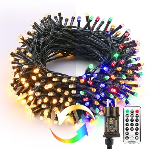 PhilzOps Julljusslinga, varm vit + färgglad, 20 m, 200 LED-ljusslinga utomhus med timer, 11 lägen, dimbar julbelysning för inomhus, träd, fest, trädgård, bröllop, halloweendekoration, grön kabel