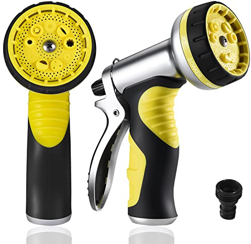 Hose Pipe Spray Gun,9 Adjustable Patterns Garden Hose Nozzles & Spray Guns, Heavy Duty Metal High Pressure Hose Nozzle/Hose Gun (Yellow-1Pack)