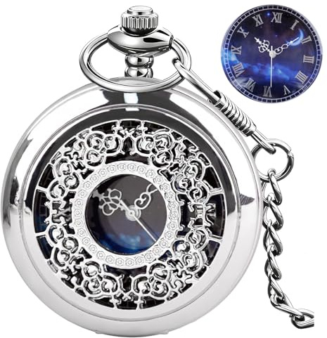 Tiong Vintage Pocket Watch with Chain Hollow Unique Blue Dial Design Quartz Roman Numerals Pocket Watch Best Gifts for Men Women