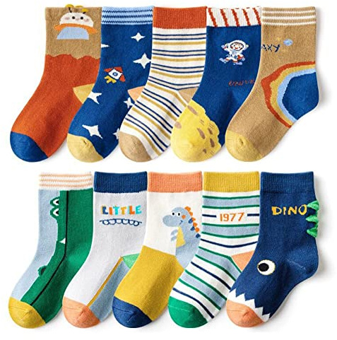 FedMois 10 Paires Chaussettes chaudes hiver en Coton Garçons Filles Socquette Enfant, astronaute et dinosaure, Taille 23-26