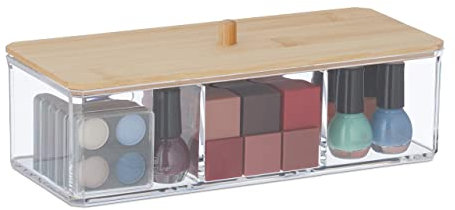 Relaxdays Make Up Organizer mit Bambusdeckel, 3 Fächer, Kunststoff, Aufbewahrung Haargummis, Kosmetik, transparent/Natur, 1 Stück