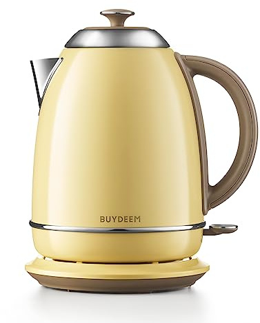 BUYDEEM K640 Stainless Steel Electric Tea Kettle with Auto Shut-Off and Boil Dry Protection, 1.7 Liter Cordless Hot Water Boiler with Swivel Base, 1440W, Mellow Yellow