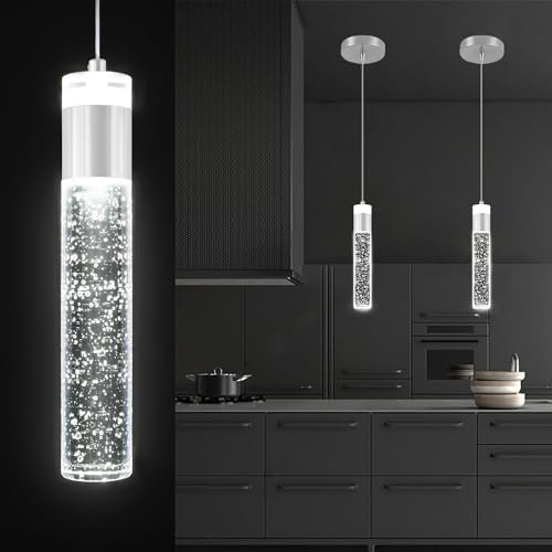 IDEQUY Modern LED Chrome Crystal Pendant Light Kitchen Island, Bedroom Bedside Hanging Ceiling Lamp with Crystal Bubble Column, Dimmable 3000k-6000k 1-Light Independent