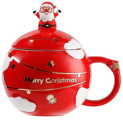 Weihnachtsbecher Keramik Kaffeetasse mit Deckel Löffel Weihnachtsmann Kaffeebecher 400ml Neuheit Weihnachtstasse Teetasse für Kaffee Tee Milch Xmas Geburtstagsgeschenke (Rot)