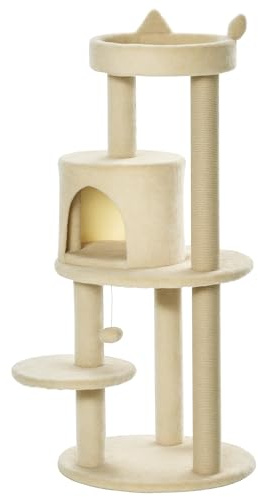 PawHut Árbol Rascador para Gatos de 104 cm Rascador para Gatos con Plataformas Refugio Postes de Sisal y Bola Colgante 48x48x104 cm Crema