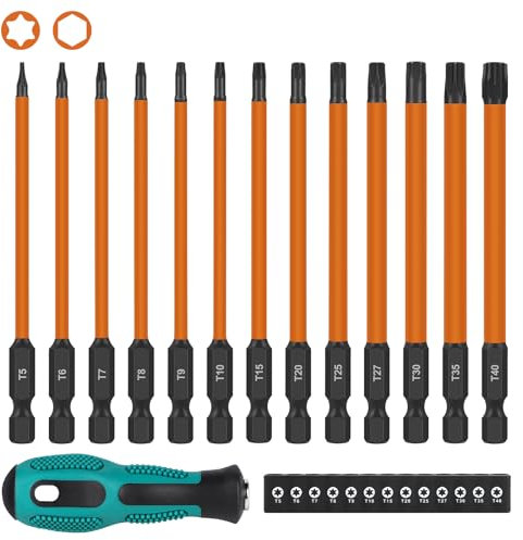 EFUTURETIME Juego de Destornilladores Torx 100mm, T5 T6 T7 T8 T9 T10 T15 T20 T25 T27 T30 T35 T40, 13pcs Destornilladores Torx Largos Magnético con Atornillador Manual, Acero S2