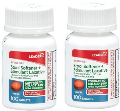 Leader 2-in-1 Stool Softener & Stimulant Laxative, Docusate Sodium 50mg, Sennosides 8.6 mg, Gentle Occasional Constipation Relief for Adults, Both Men & Women, & Children Ages 6+, 100 Tablets 2-Pack