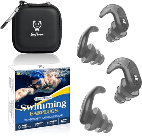 Swimming Ear Plugs, 2 Pairs Swimmers Earplugs for Adults Teens- Block Water Out, Ultra Soft, Custom Fit, Water Protection Reusable Plugs for Sailing Surfing Parasailing Diving Shower, Black