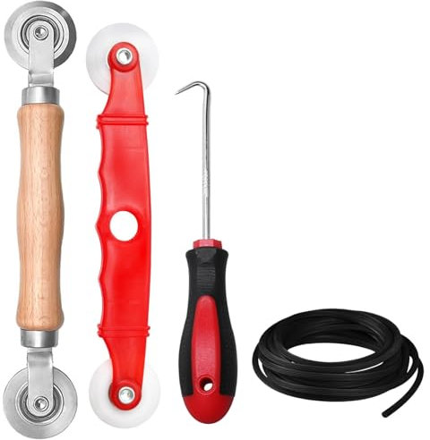 RAFIYU 4 Stück Fliegengitter Reparatur Set, Doppelrad Dichtungseinroller Spline Roller, Werkzeug Einzieher Einroller für Fliegengitter Rolle, Kederband Haken Werkzeug mit 15m x 5mm Keder Gummischnur