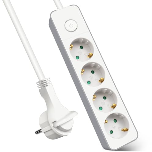 EXTRASTAR Flachstecker Mehrfachsteckdose 4-Fach, Steckdosenleiste Flacher Stecker mit Druckknopfschalter, 5m Kabel für Büro und Zuhause, Weiß + Grau
