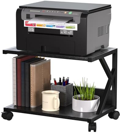 Huhote 2 Tier Desktop Printer Stand, Under Desk Printer Table, Multi-Purpose Desktop Storage and Organize, Wood Printer Stand with Wheels for A5 Folders Scanner Fax Machine Microwave Oven (Black)