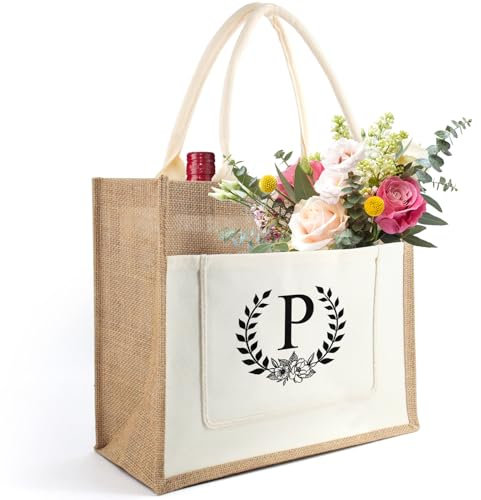 Tarklanda Jutetasche mit Initial, Jute Shopper Bag Frauen, Einkaufstasche Alphabet, Jute Tote Bag, Geschenk für Damen, Frau, Freundin zum Geburtstage, Muttertag, Hochzeit (P)