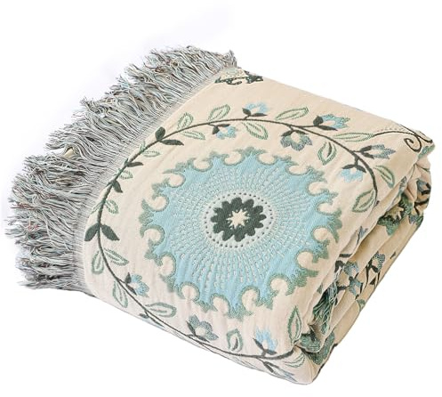 Snylcce Doppelseitige böhmische Decke - 100% Bio-Baumwolle, handgewebte Bett- und Sofadecke, gemütlicher Boho-Akzent für 2-3-Sitzer Sofas und Sessel - 200x230cm, lebhaftes Marigold-Blau