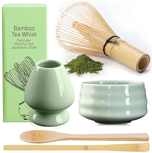 BAIFULAI Matcha Set di 5 scope matcha, set da tè matcha, ciotola per matcha, ciotola in ceramica, cucchiaino, porta frusta, accessori giapponesi per la cerimonia matcha